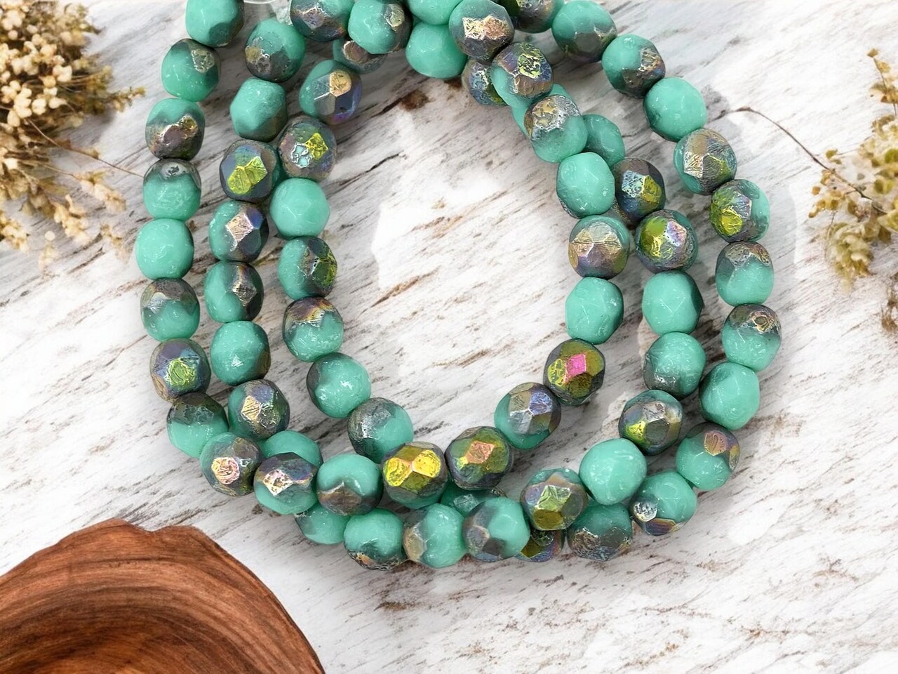 Metallic Rainbow Etched Opaque Turquoise Fire Polikshed Round Beads - 4mm or 6mm